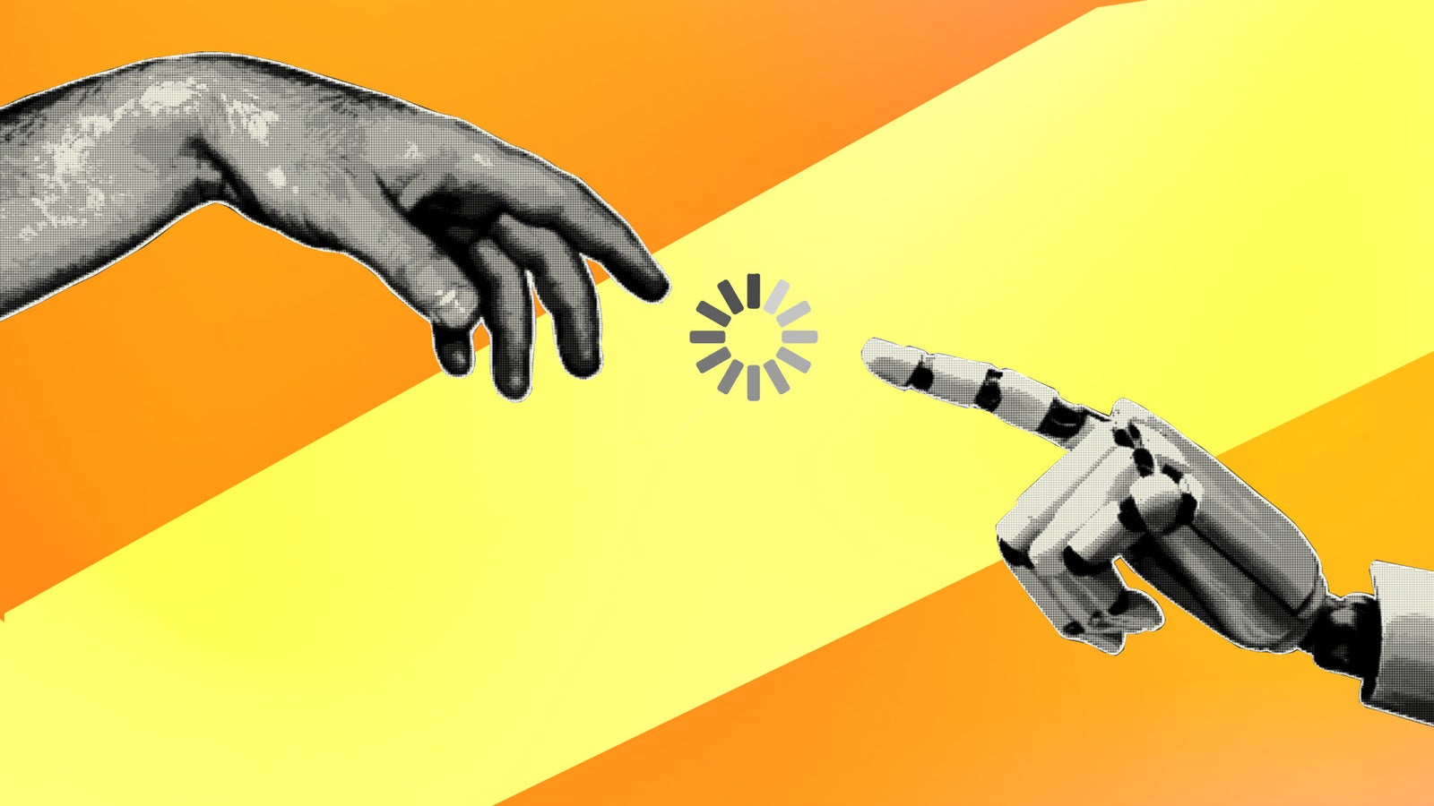 Yükleme sembolü bulunan turuncu degrade arka plan önünde robotik ele uzanan insan eli