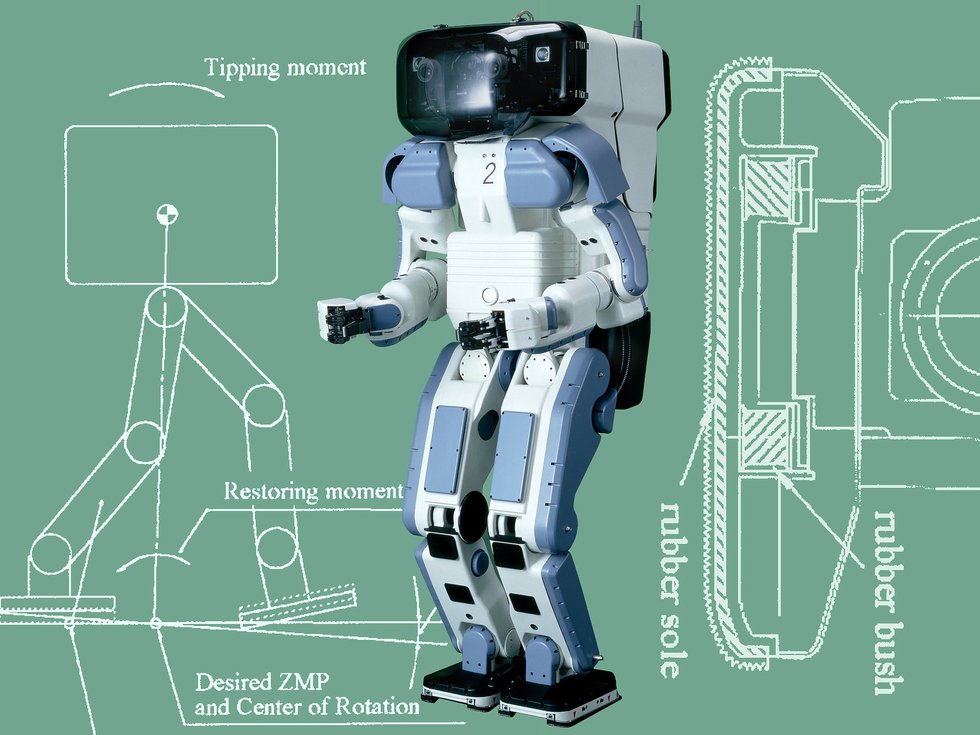 1996 tarihli Honda P2 insansı robotunun teknik özellikler arka planı önündeki kolajı